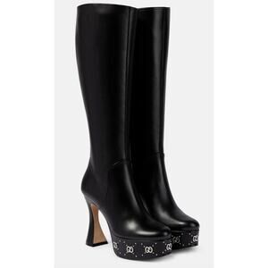 Gucci Black Janaya Platform GG Studded Tall Knee High Boot